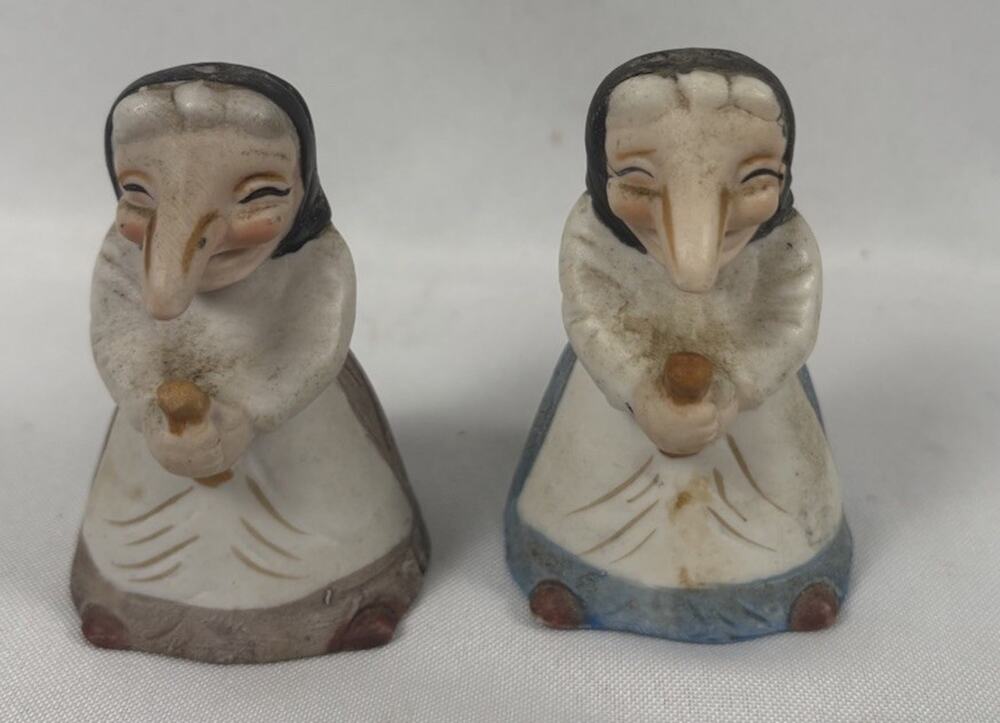 2 Porcelain Kitchen Witch babushka Salt Pepper Holder 80's